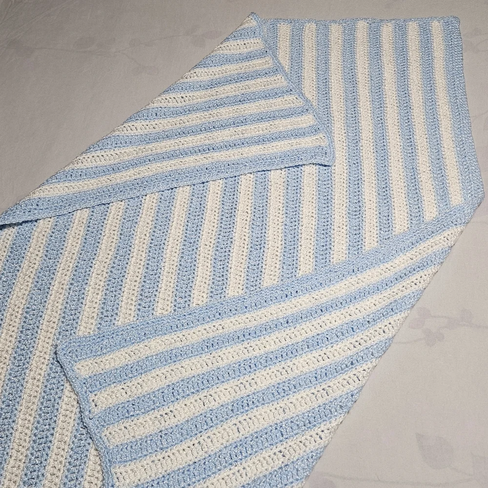 *New* Crochet  blue white stripe afghan baby throw blanket  approx. 34